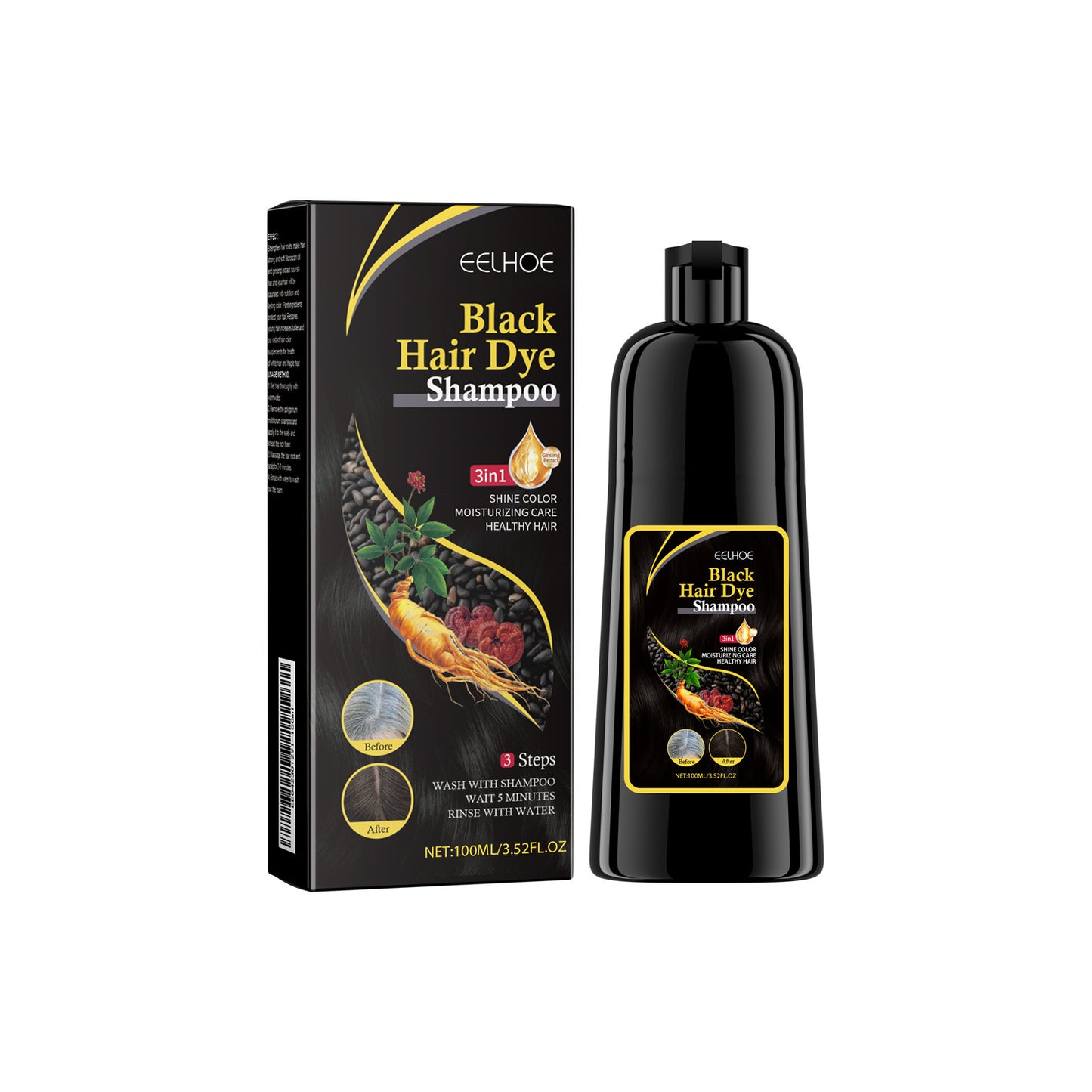3 in 1 Hair Dye Shampoo - Can cover gray hairs,Herbal Ingredients,Contains Ginseng Extract,Natural Haircoloring, black hairdye-JY