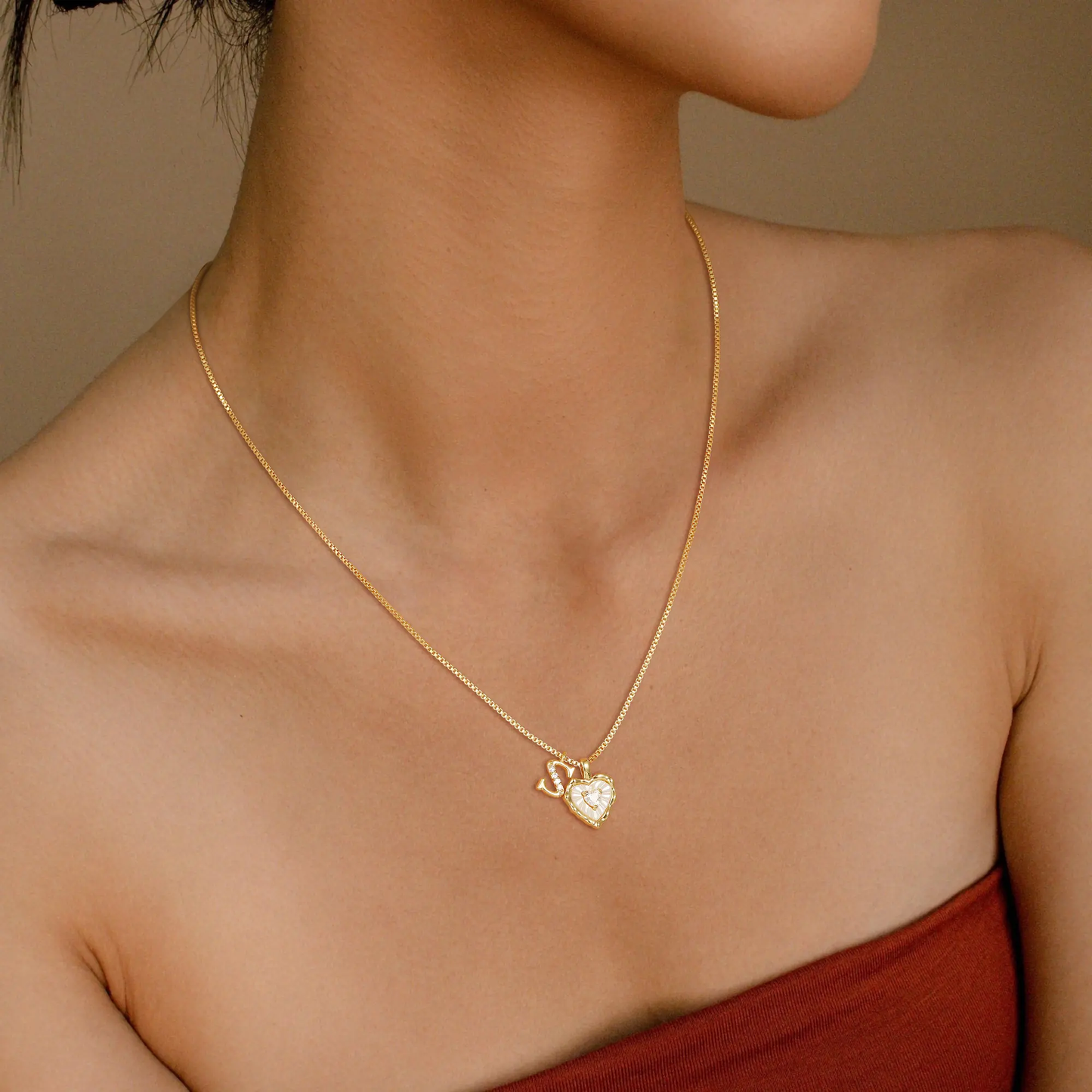 Gold Box Chain Scalloped Shell Heart CZ Initial Necklace A–Z Micro Pave Letter Pendant For Valentine's Day gifts-XLB
