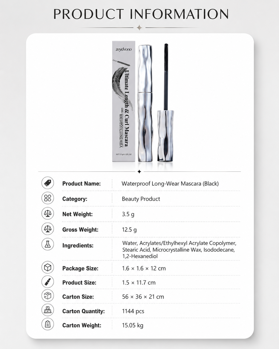Waterproof Long-Wear Mascara – Naturally Curling, Sweatproof, Lengthening & Smudge-Resistant-JY