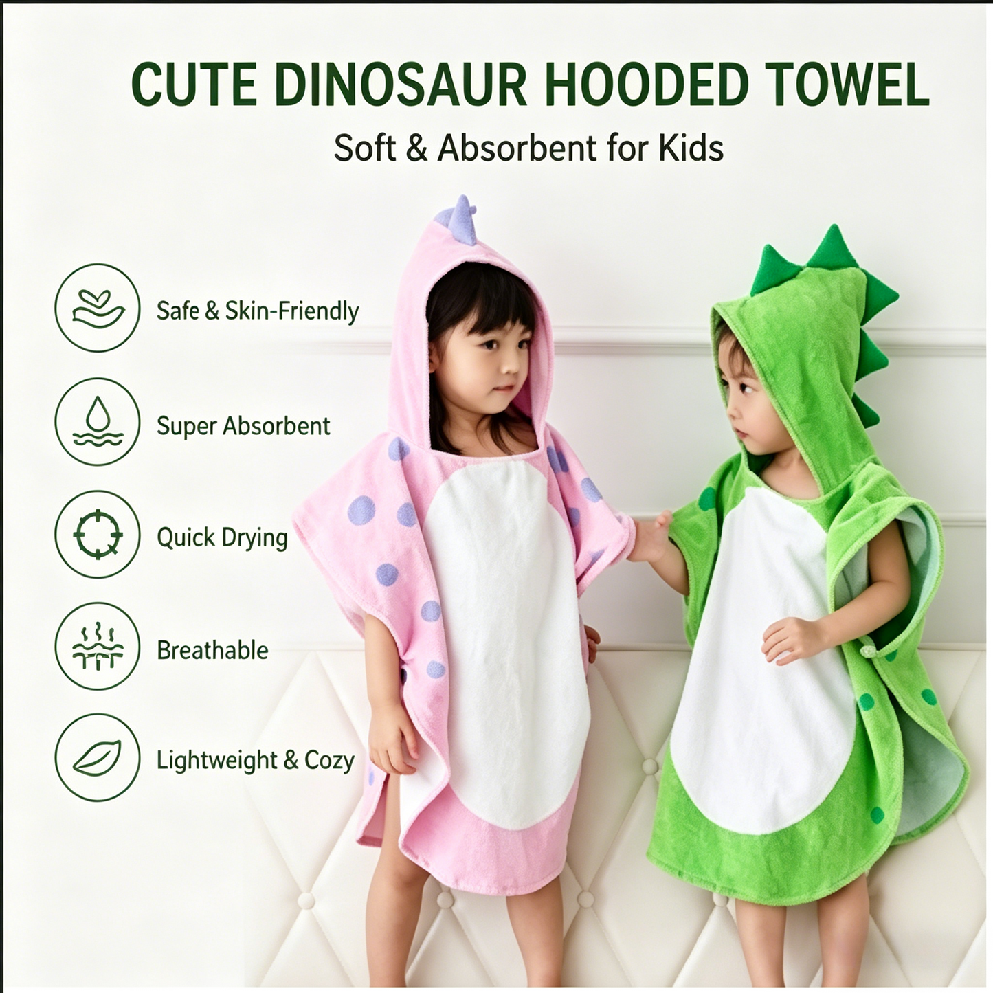 🦖Dinosaur Hooded Swim Towel Poncho | Soft Cotton Cover-Up for Kids-WBJ
