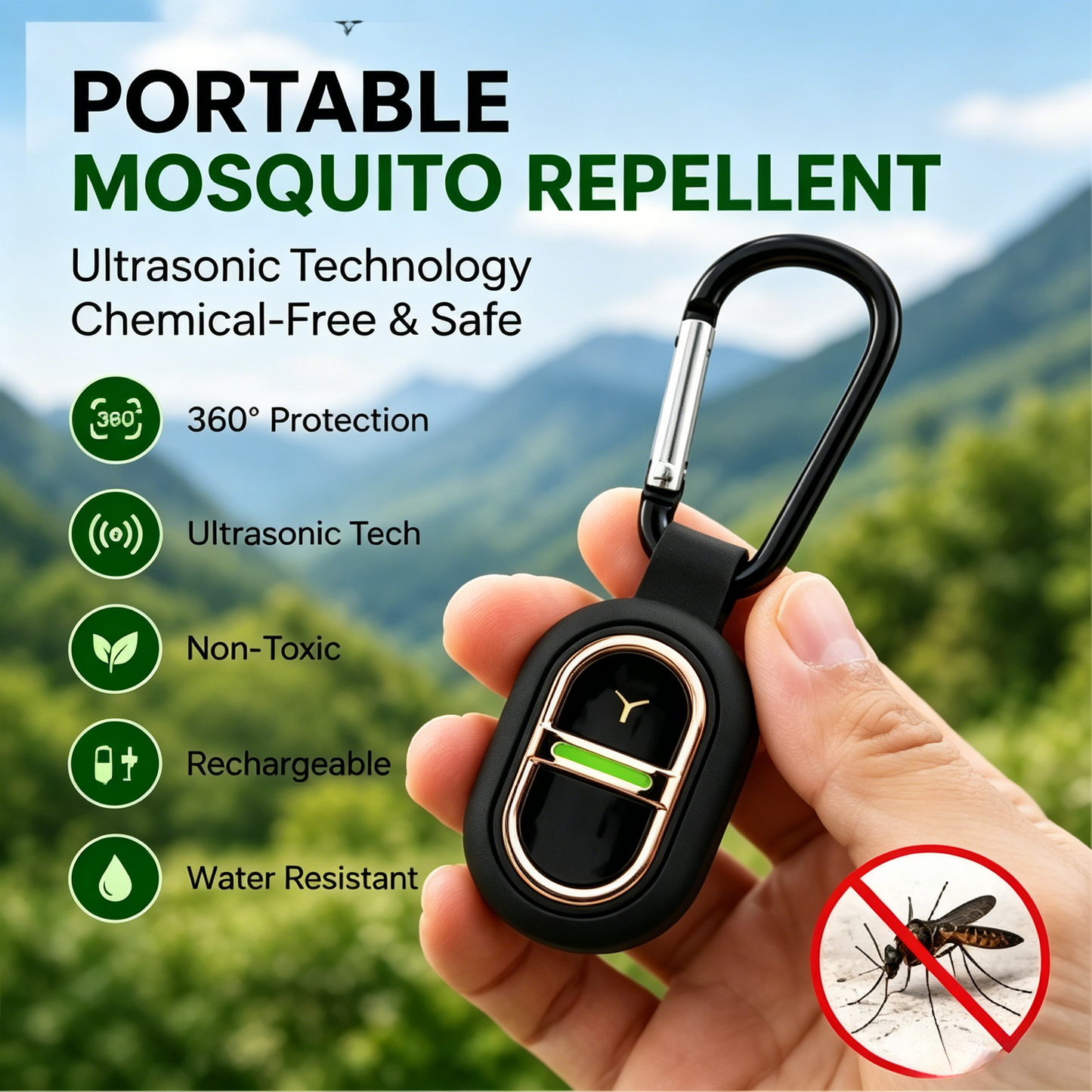 🦟 Portable Ultrasonic Mosquito Repellent | Rechargeable 15-Day Battery, IPX4 Waterproof, Chemical-Free Safe for Family-LT