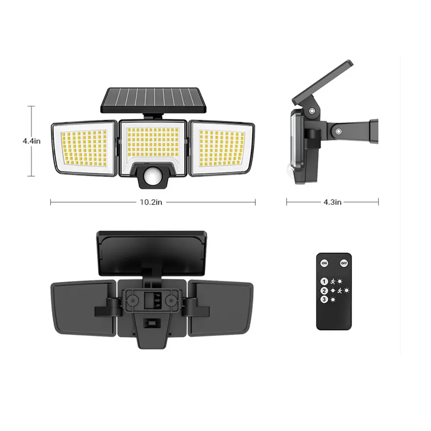 ✨3 Head Solar Motion Sensor Outdoor Light, 216 LED Security Floodlight with Remote Control, IP65 Waterproof Adjustable Wall Lamp Solar Powered for Garden Garage Yard Porch Driveway-JY