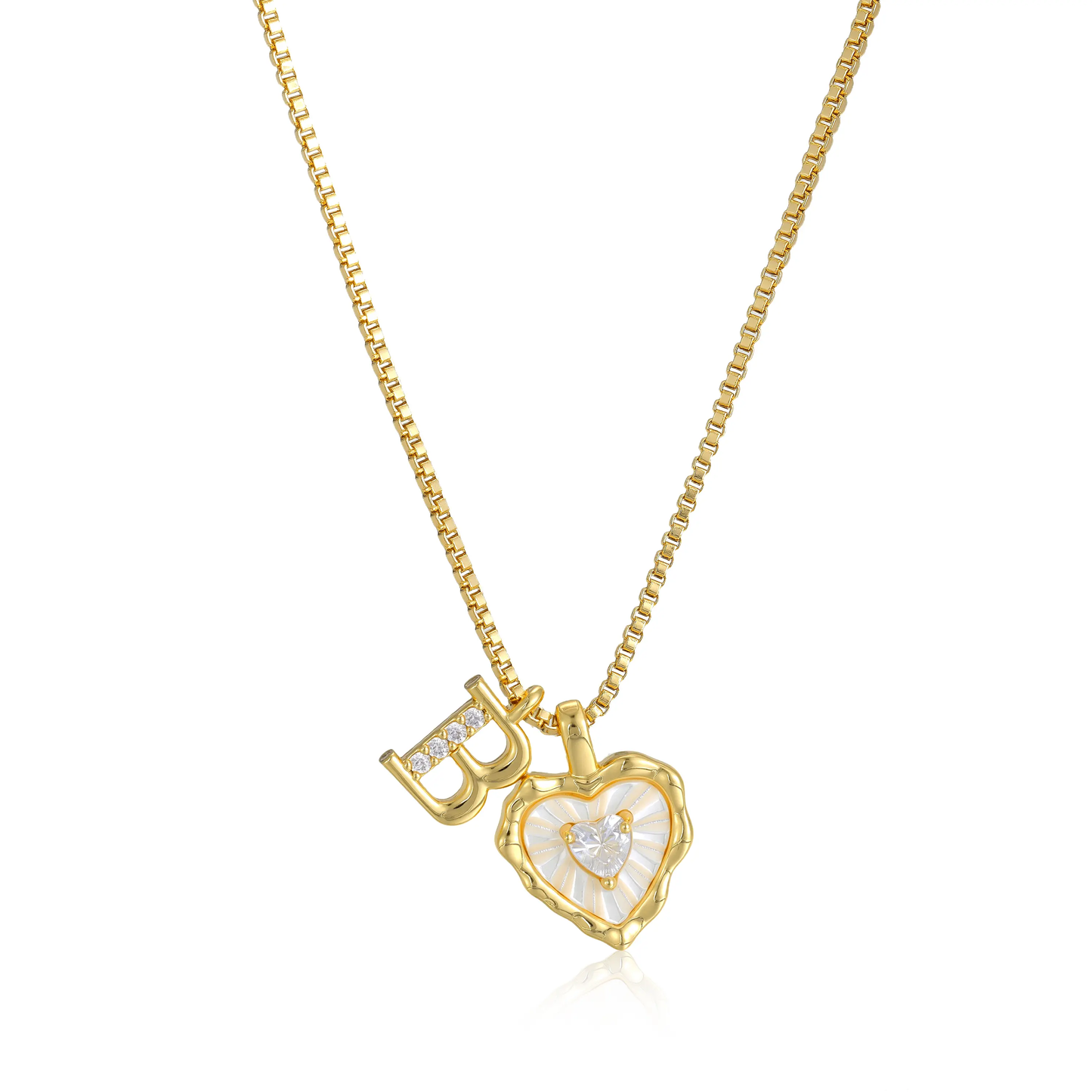 Gold Box Chain Scalloped Shell Heart CZ Initial Necklace A–Z Micro Pave Letter Pendant For Valentine's Day gifts-XLB