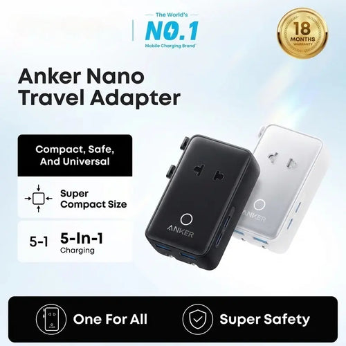 ✨Travel Adapter, 5-Port Power Adapter with 1 AC, 2 USB-A, and 2 USB-C Ports, Smart Temperature Control, Compatible with Over 200 Countries, Ideal for Travel-XLB