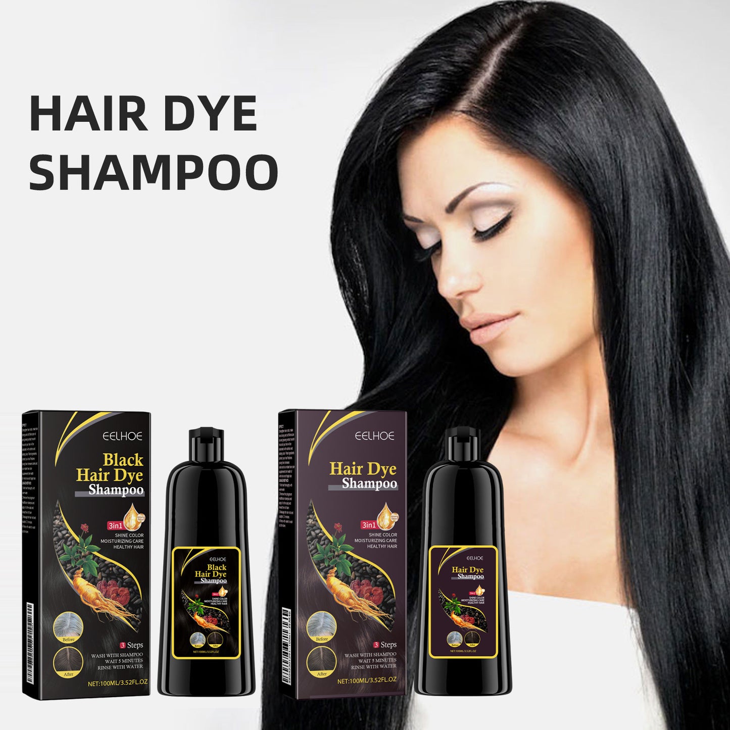 3 in 1 Hair Dye Shampoo - Can cover gray hairs,Herbal Ingredients,Contains Ginseng Extract,Natural Haircoloring, black hairdye-JY