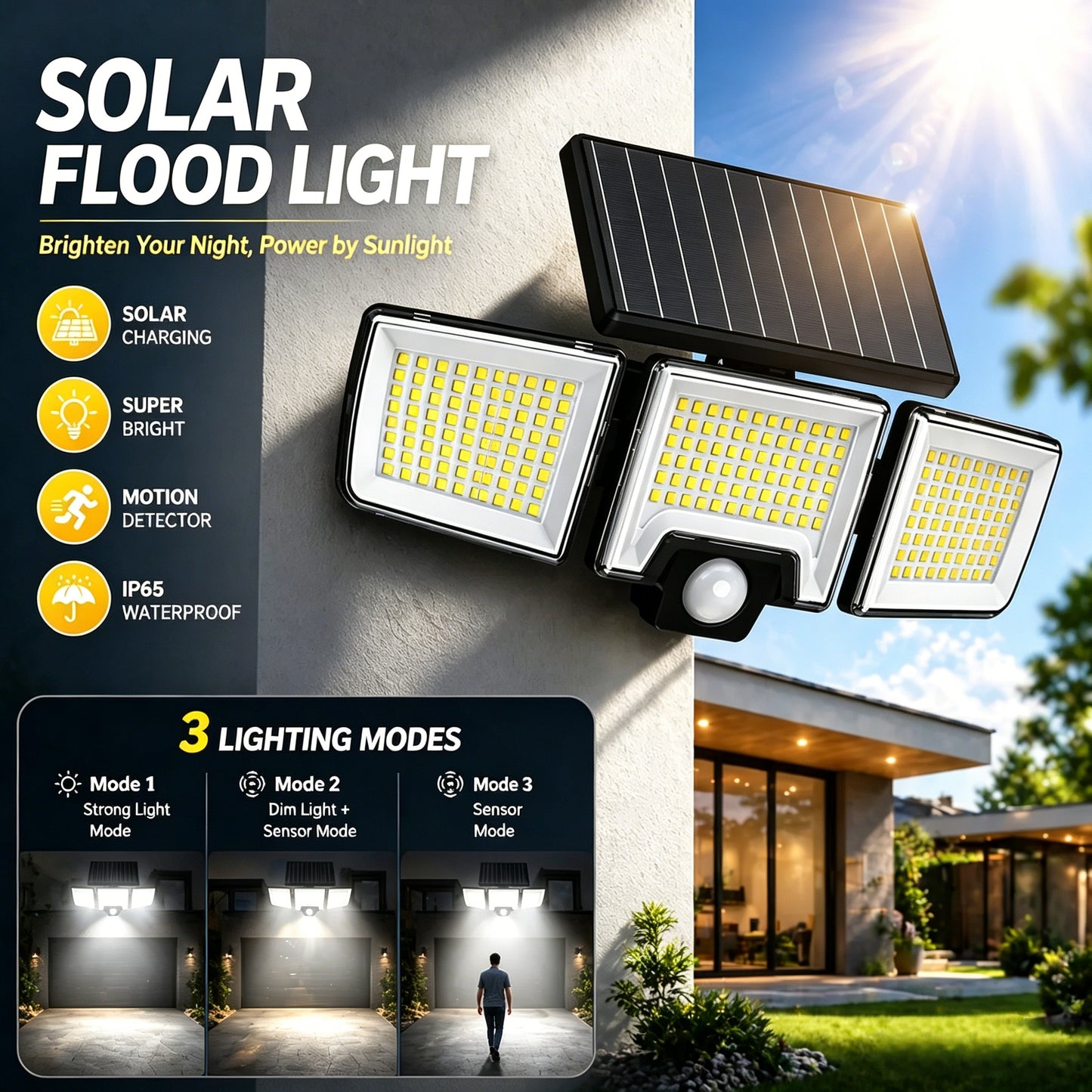 ✨3 Head Solar Motion Sensor Outdoor Light, 216 LED Security Floodlight with Remote Control, IP65 Waterproof Adjustable Wall Lamp Solar Powered for Garden Garage Yard Porch Driveway-JY