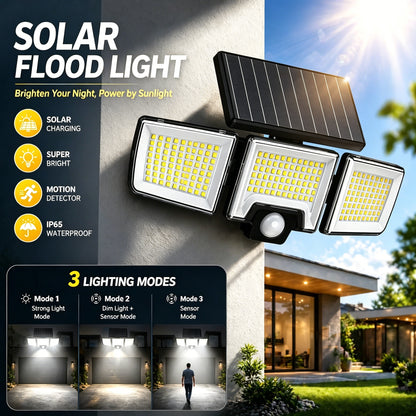 ✨3 Head Solar Motion Sensor Outdoor Light, 216 LED Security Floodlight with Remote Control, IP65 Waterproof Adjustable Wall Lamp Solar Powered for Garden Garage Yard Porch Driveway-JY
