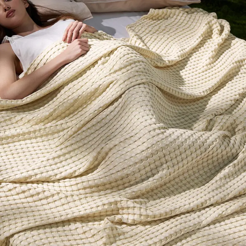 ☁️Cooling Bamboo Waffle Blanket, Lightweight Breathable Rayon Cotton Blanket, Ultra Soft Luxury Throw Blanket for Hot Sleepers, Perfect for Bed, Couch, Sofa All Season Use-XLB