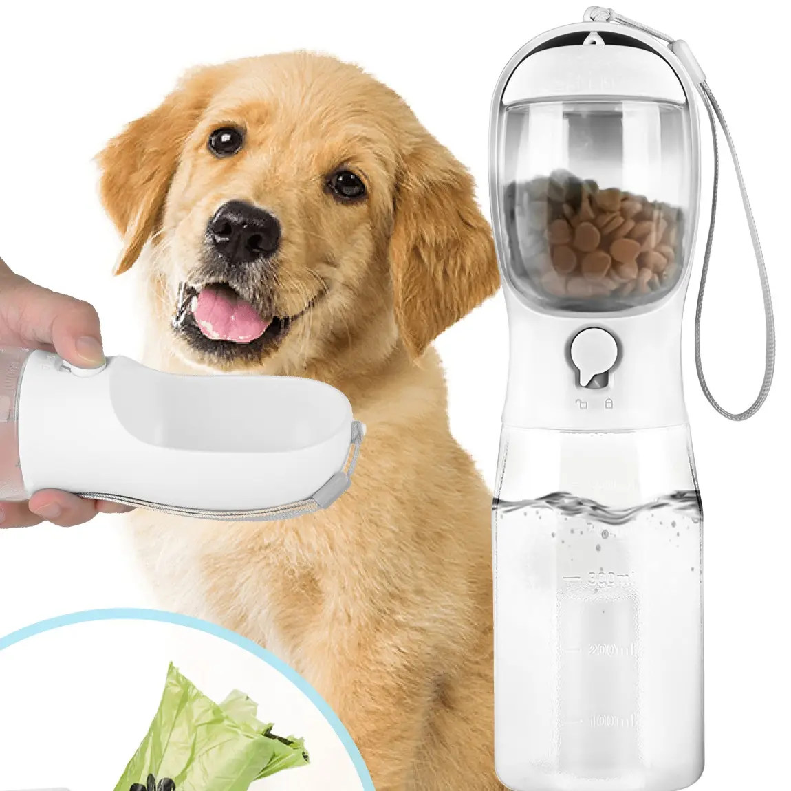 🐕Upgraded 3-in-1 portable pet water bottle with drinking, food storage & poop bag dispenser. Great for hiking, outdoor trips & daily walks, easy to clean, lightweight & practical for hassle-free pet outings and travels.-xlb