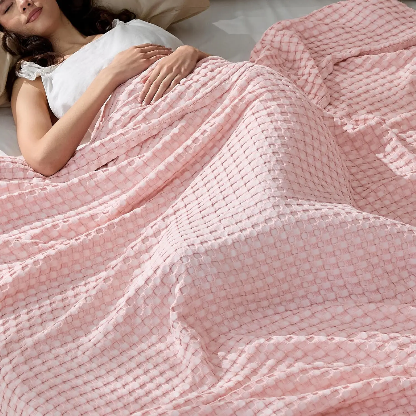 ☁️Cooling Bamboo Waffle Blanket, Lightweight Breathable Rayon Cotton Blanket, Ultra Soft Luxury Throw Blanket for Hot Sleepers, Perfect for Bed, Couch, Sofa All Season Use-XLB