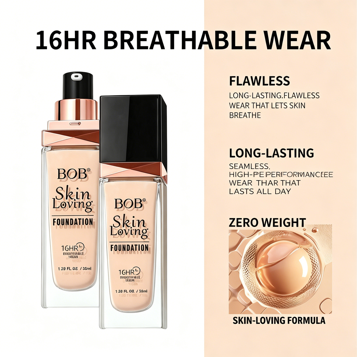 BOB Long-Wearing Foundation, Transfer-Proof, Long Lasting, High Coverage-TRL