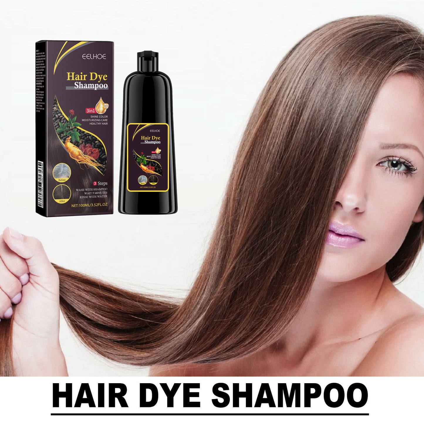 3 in 1 Hair Dye Shampoo - Can cover gray hairs,Herbal Ingredients,Contains Ginseng Extract,Natural Haircoloring, black hairdye-JY