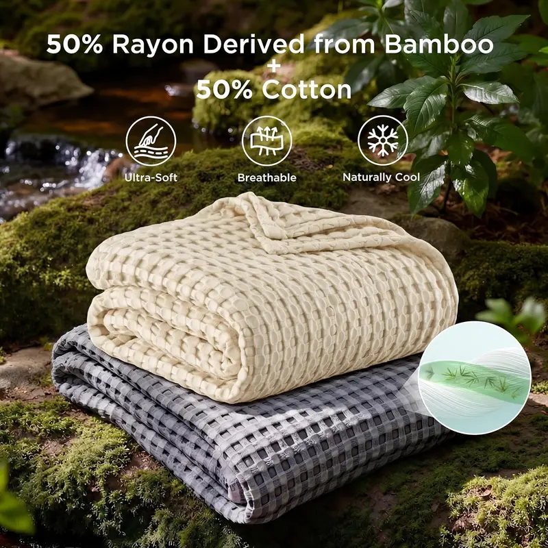 ☁️Cooling Bamboo Waffle Blanket, Lightweight Breathable Rayon Cotton Blanket, Ultra Soft Luxury Throw Blanket for Hot Sleepers, Perfect for Bed, Couch, Sofa All Season Use-XLB
