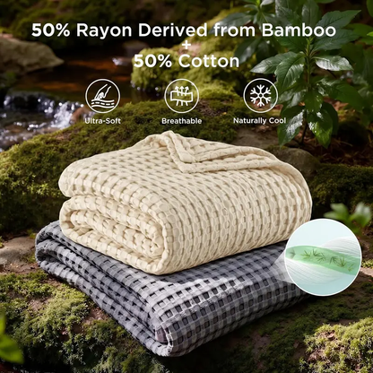 ☁️Cooling Bamboo Waffle Blanket, Lightweight Breathable Rayon Cotton Blanket, Ultra Soft Luxury Throw Blanket for Hot Sleepers, Perfect for Bed, Couch, Sofa All Season Use-XLB