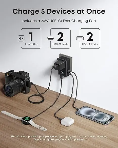 ✨Travel Adapter, 5-Port Power Adapter with 1 AC, 2 USB-A, and 2 USB-C Ports, Smart Temperature Control, Compatible with Over 200 Countries, Ideal for Travel-XLB