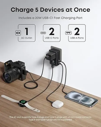 ✨Travel Adapter, 5-Port Power Adapter with 1 AC, 2 USB-A, and 2 USB-C Ports, Smart Temperature Control, Compatible with Over 200 Countries, Ideal for Travel-XLB