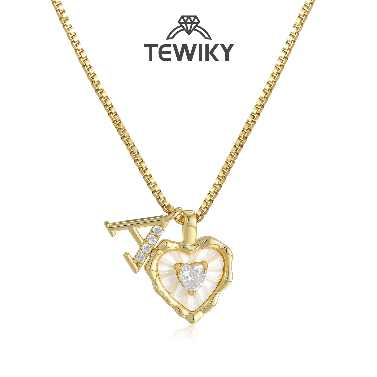 Gold Box Chain Scalloped Shell Heart CZ Initial Necklace A–Z Micro Pave Letter Pendant For Valentine's Day gifts-XLB