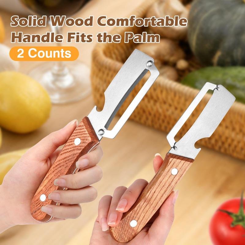 3PCS 2-in-1 Fruit & Veggie Peeler with Bottle Opener Sharp Stainless Steel Wooden Handle Ergonomic Non-slip Design for Comfortable Grip-JY