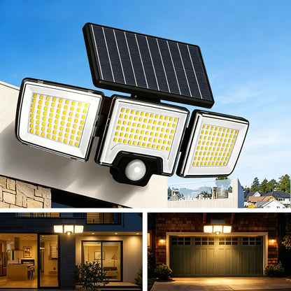 ✨3 Head Solar Motion Sensor Outdoor Light, 216 LED Security Floodlight with Remote Control, IP65 Waterproof Adjustable Wall Lamp Solar Powered for Garden Garage Yard Porch Driveway-JY