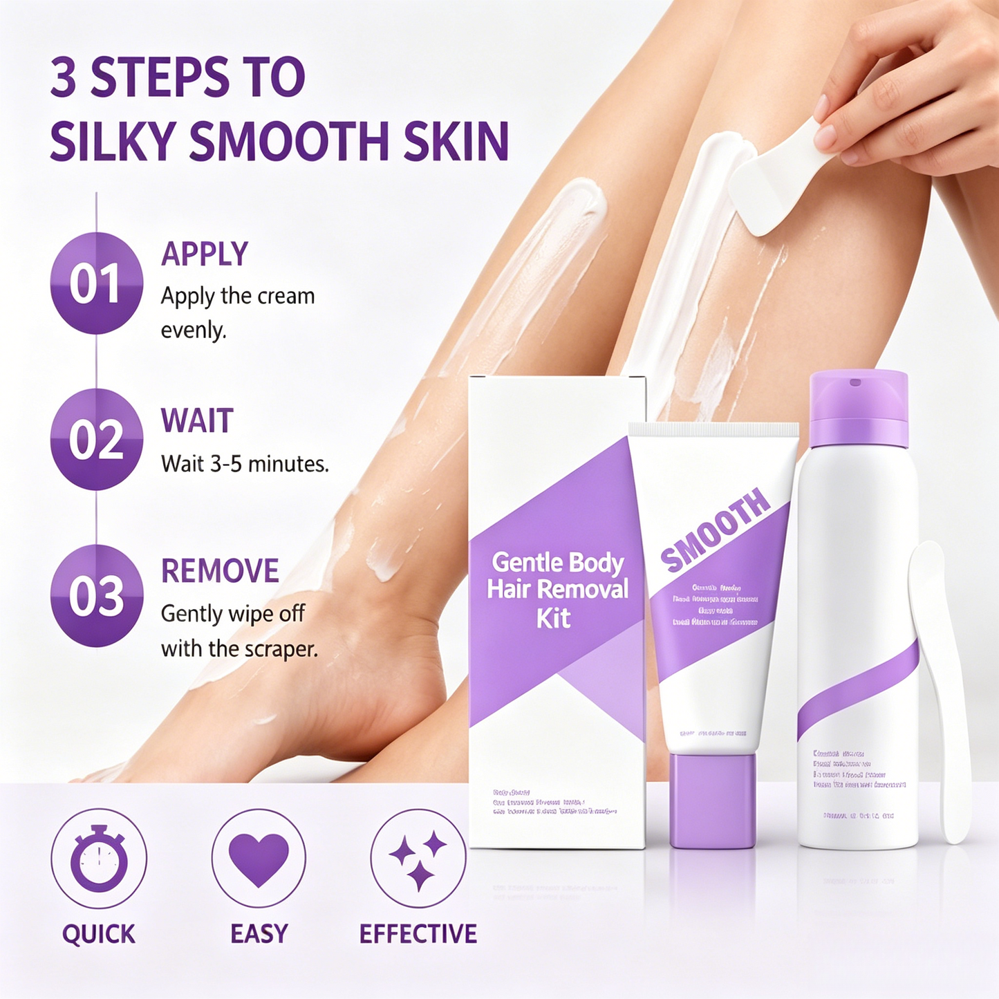 💜 No-Stress Hair Removal Kit - Painless, Long-Lasting Cream & Mousse for Legs, Arms, Underarms & Bikini, Silky Smooth Results-LT