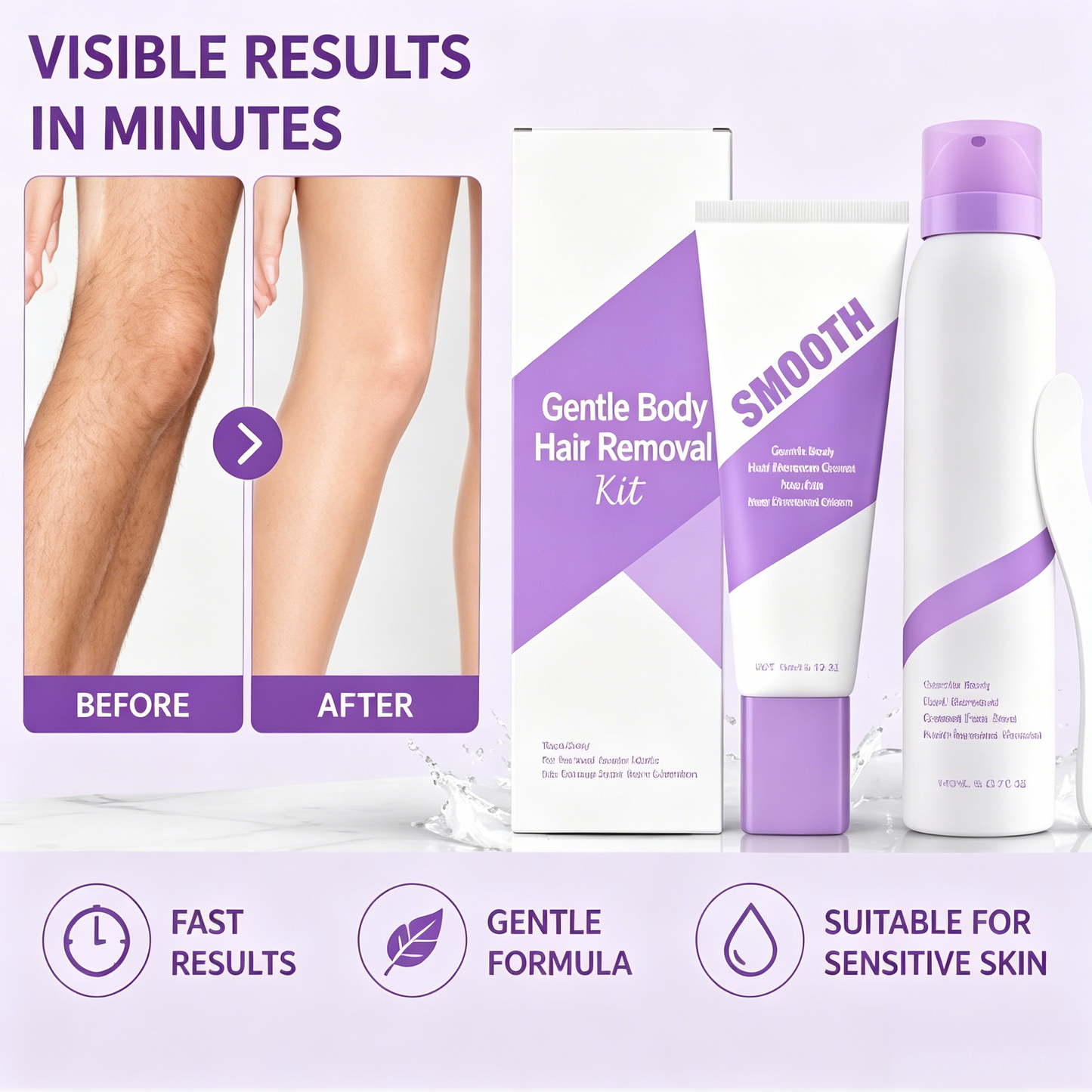 💜 No-Stress Hair Removal Kit - Painless, Long-Lasting Cream & Mousse for Legs, Arms, Underarms & Bikini, Silky Smooth Results-LT