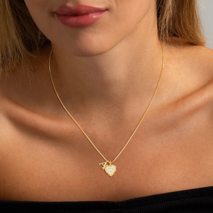 Gold Box Chain Scalloped Shell Heart CZ Initial Necklace A–Z Micro Pave Letter Pendant For Valentine's Day gifts-XLB