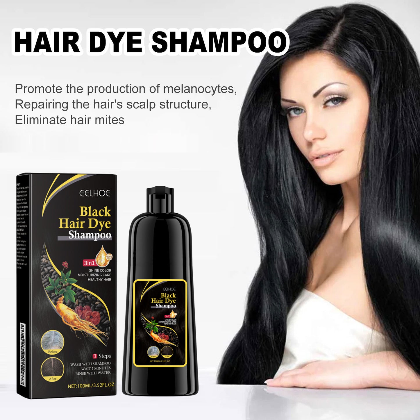 3 in 1 Hair Dye Shampoo - Can cover gray hairs,Herbal Ingredients,Contains Ginseng Extract,Natural Haircoloring, black hairdye-JY
