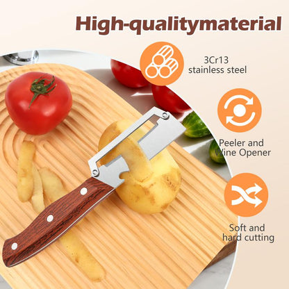 3PCS 2-in-1 Fruit & Veggie Peeler with Bottle Opener Sharp Stainless Steel Wooden Handle Ergonomic Non-slip Design for Comfortable Grip-JY