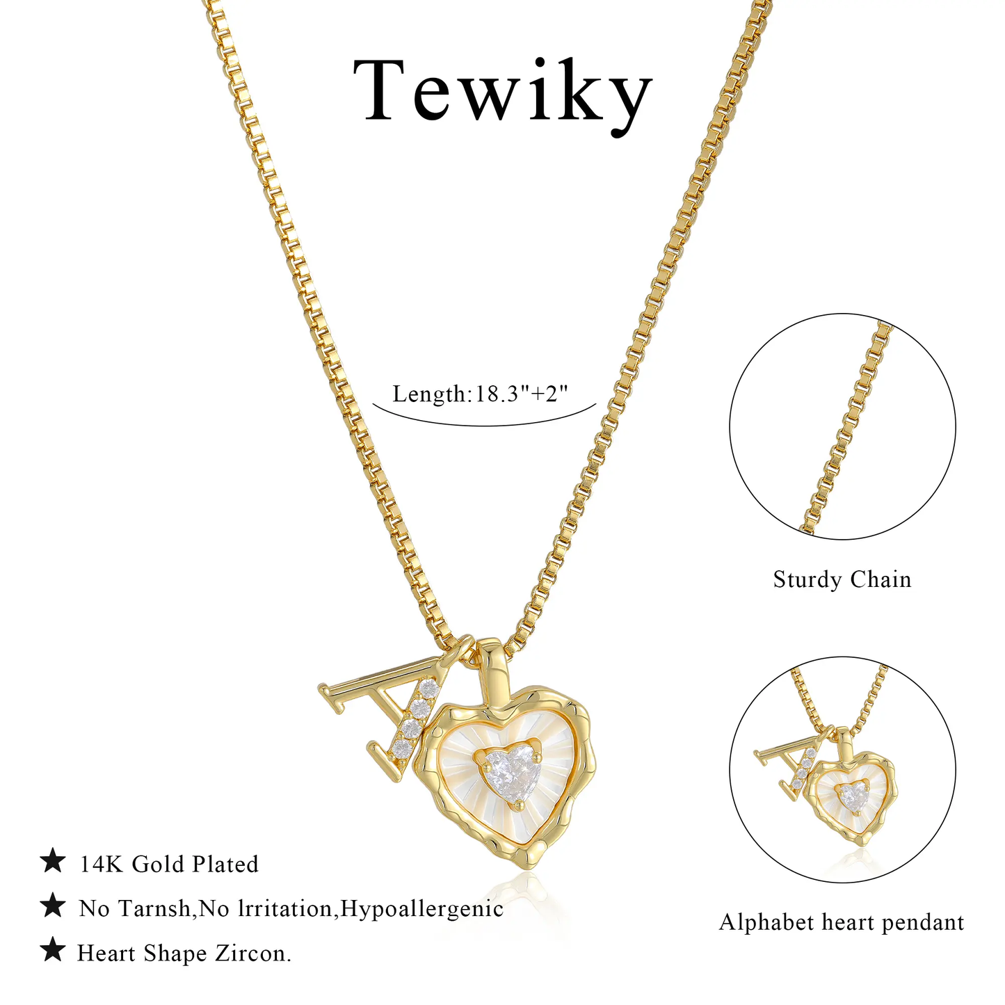 Gold Box Chain Scalloped Shell Heart CZ Initial Necklace A–Z Micro Pave Letter Pendant For Valentine's Day gifts-XLB