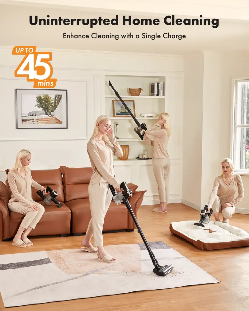 🧹 【 2026 newly upgraded】T350 cordless vacuum features an 8-in-1 lightweight design with up to 45 minutes of runtime and 33Kpa of powerful suction. This rechargeable cordless vacuum is ideal for carpets, tiles, pet hair, and hardwood floors.-XLB