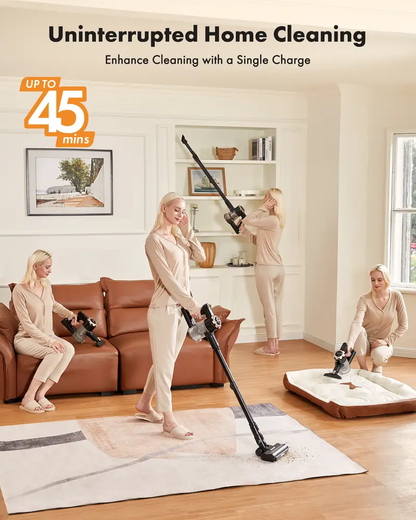 🧹 【 2026 newly upgraded】T350 cordless vacuum features an 8-in-1 lightweight design with up to 45 minutes of runtime and 33Kpa of powerful suction. This rechargeable cordless vacuum is ideal for carpets, tiles, pet hair, and hardwood floors.-XLB
