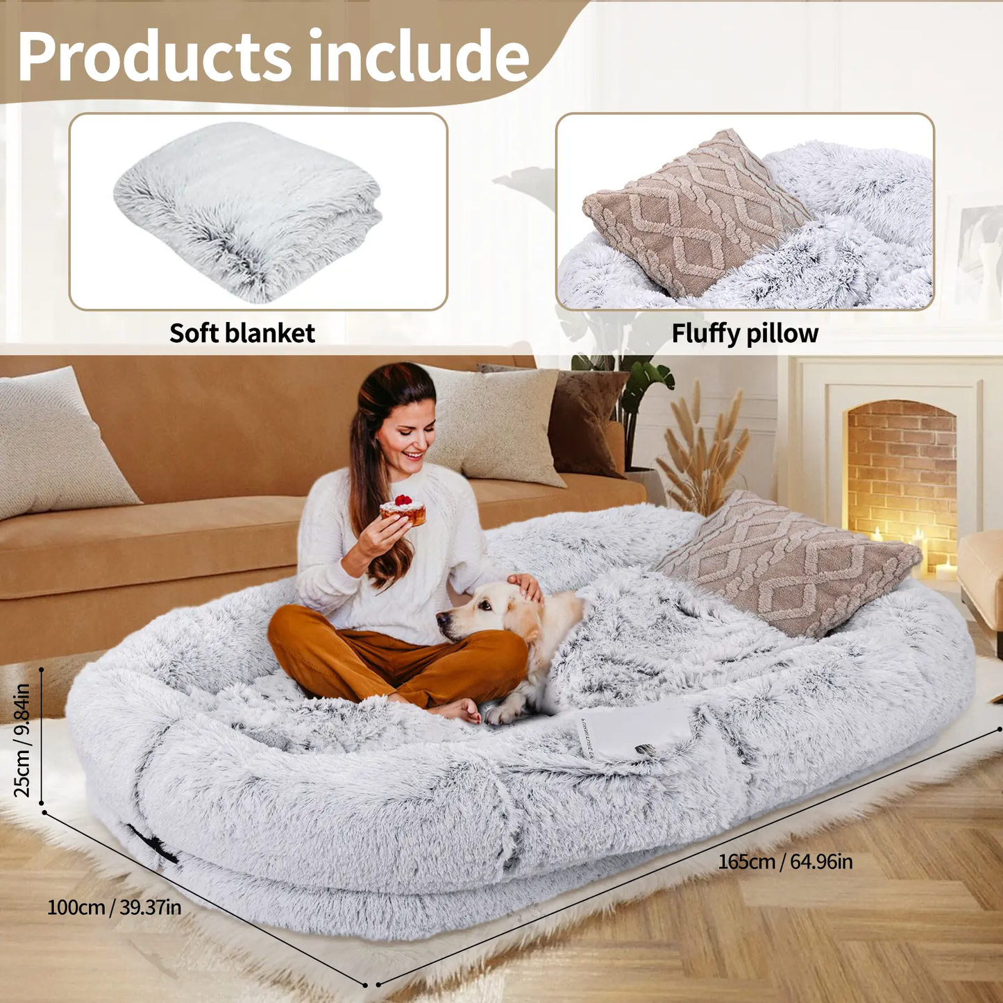 🐕Human Dog Bed, Ultra-Soft Plush Giant Dog Bed with Egg Crate Foam, Non-Slip Base, and Machine Washable Cover - Ideal for Relaxation and Napping, Send blankets and pillows, Fits You & Pets🐱-XLB