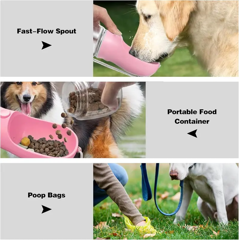 🐕Upgraded 3-in-1 portable pet water bottle with drinking, food storage & poop bag dispenser. Great for hiking, outdoor trips & daily walks, easy to clean, lightweight & practical for hassle-free pet outings and travels.-xlb