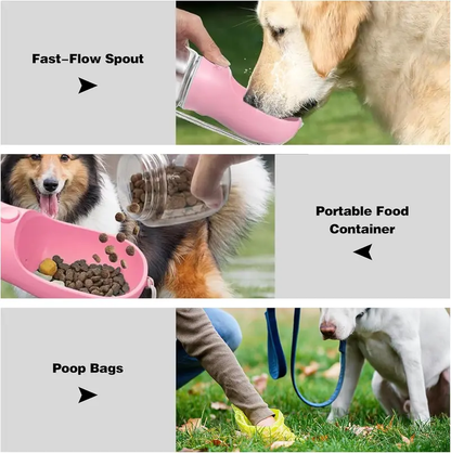 🐕Upgraded 3-in-1 portable pet water bottle with drinking, food storage & poop bag dispenser. Great for hiking, outdoor trips & daily walks, easy to clean, lightweight & practical for hassle-free pet outings and travels.-xlb