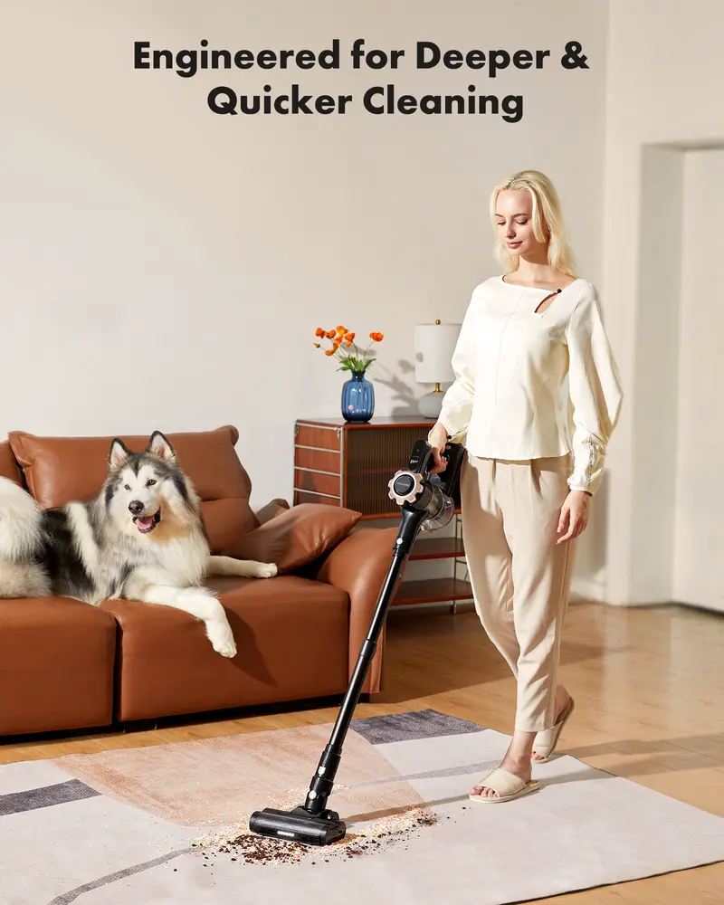 🧹 【 2026 newly upgraded】T350 cordless vacuum features an 8-in-1 lightweight design with up to 45 minutes of runtime and 33Kpa of powerful suction. This rechargeable cordless vacuum is ideal for carpets, tiles, pet hair, and hardwood floors.-XLB