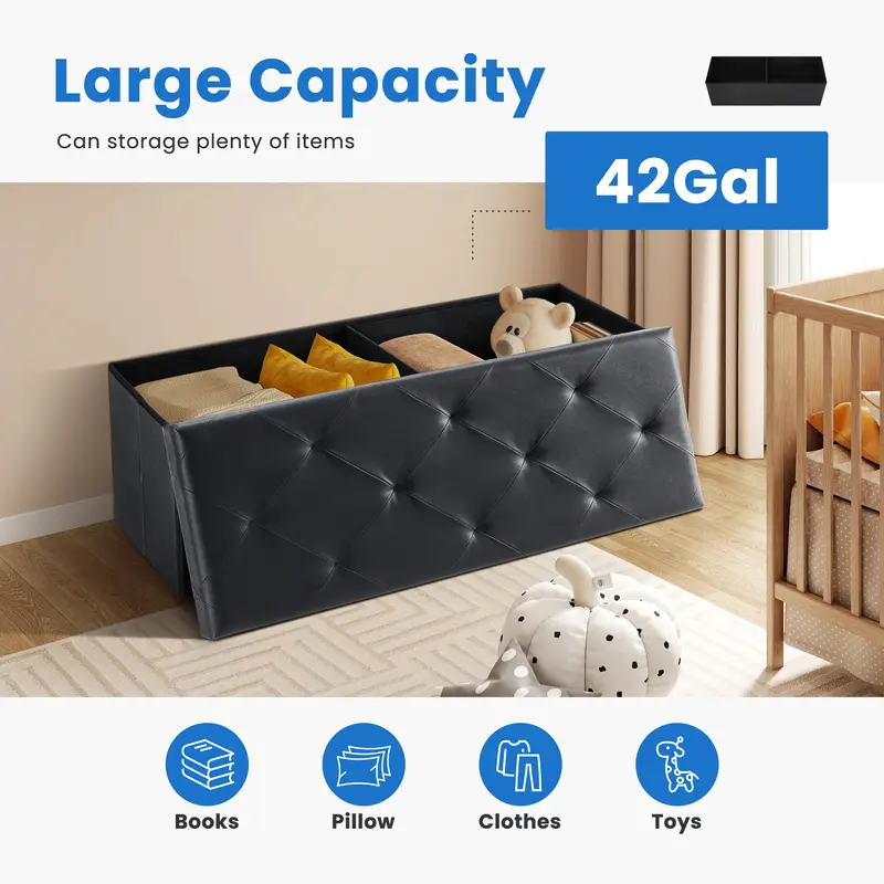 🪑Folding Storage Ottoman Bench, Foot Rest Stool with Padded Seat, Large Toy Box Storage Chest with Seatin-XLB