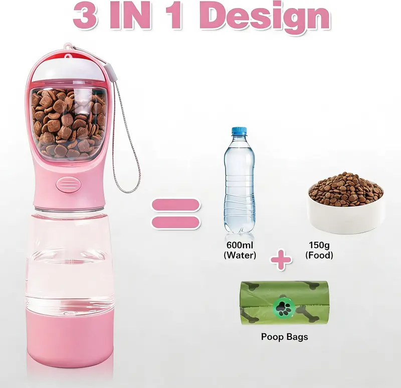 🐕Upgraded 3-in-1 portable pet water bottle with drinking, food storage & poop bag dispenser. Great for hiking, outdoor trips & daily walks, easy to clean, lightweight & practical for hassle-free pet outings and travels.-xlb