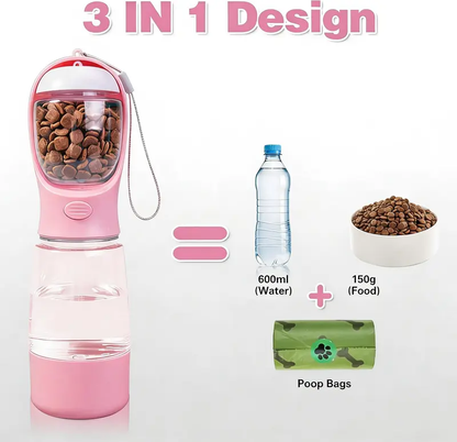 🐕Upgraded 3-in-1 portable pet water bottle with drinking, food storage & poop bag dispenser. Great for hiking, outdoor trips & daily walks, easy to clean, lightweight & practical for hassle-free pet outings and travels.-xlb