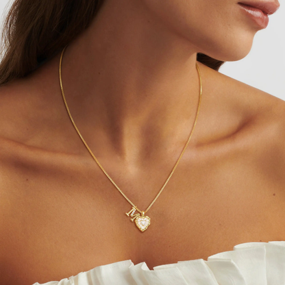 Gold Box Chain Scalloped Shell Heart CZ Initial Necklace A–Z Micro Pave Letter Pendant For Valentine's Day gifts-XLB