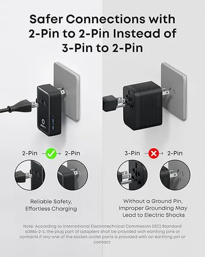 ✨Travel Adapter, 5-Port Power Adapter with 1 AC, 2 USB-A, and 2 USB-C Ports, Smart Temperature Control, Compatible with Over 200 Countries, Ideal for Travel-XLB