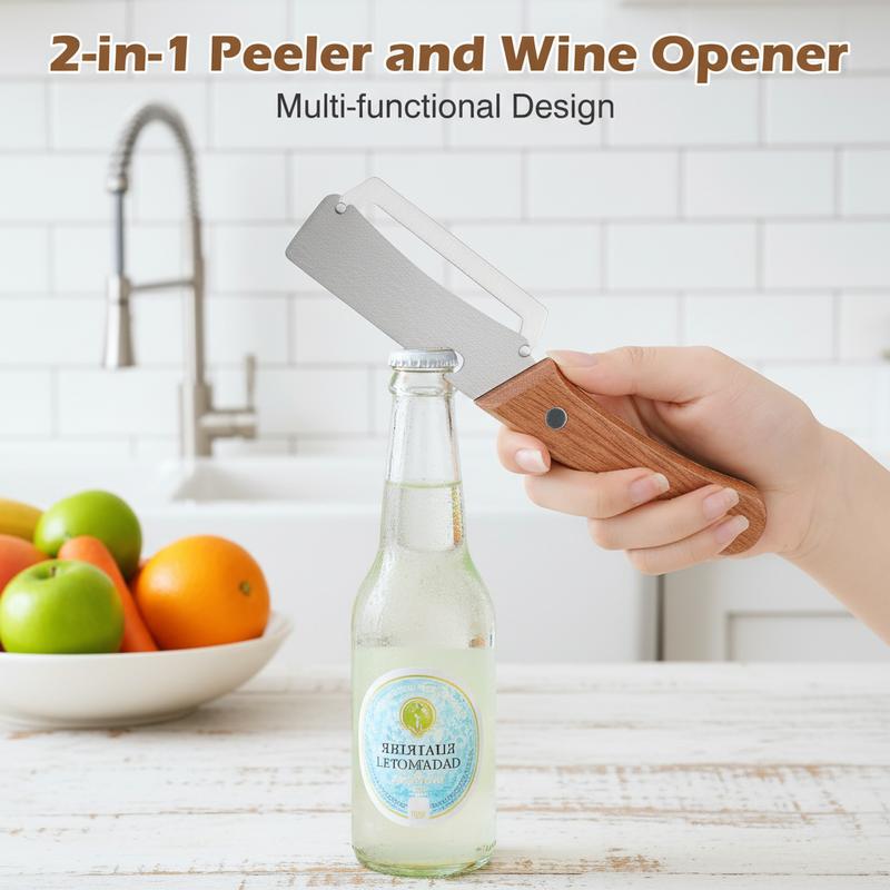 3PCS 2-in-1 Fruit & Veggie Peeler with Bottle Opener Sharp Stainless Steel Wooden Handle Ergonomic Non-slip Design for Comfortable Grip-JY