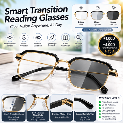 Stylish Photochromic Progressive Reading Glasses, Anti Blue Light Transition Readers, Optional Diopters & 2 Frame Colors for Seniors-III