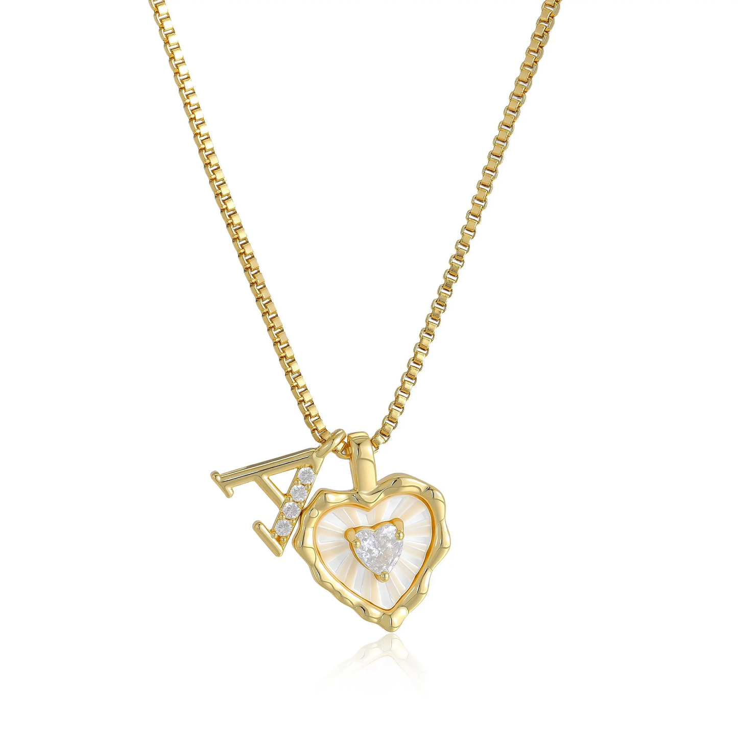 Gold Box Chain Scalloped Shell Heart CZ Initial Necklace A–Z Micro Pave Letter Pendant For Valentine's Day gifts-XLB