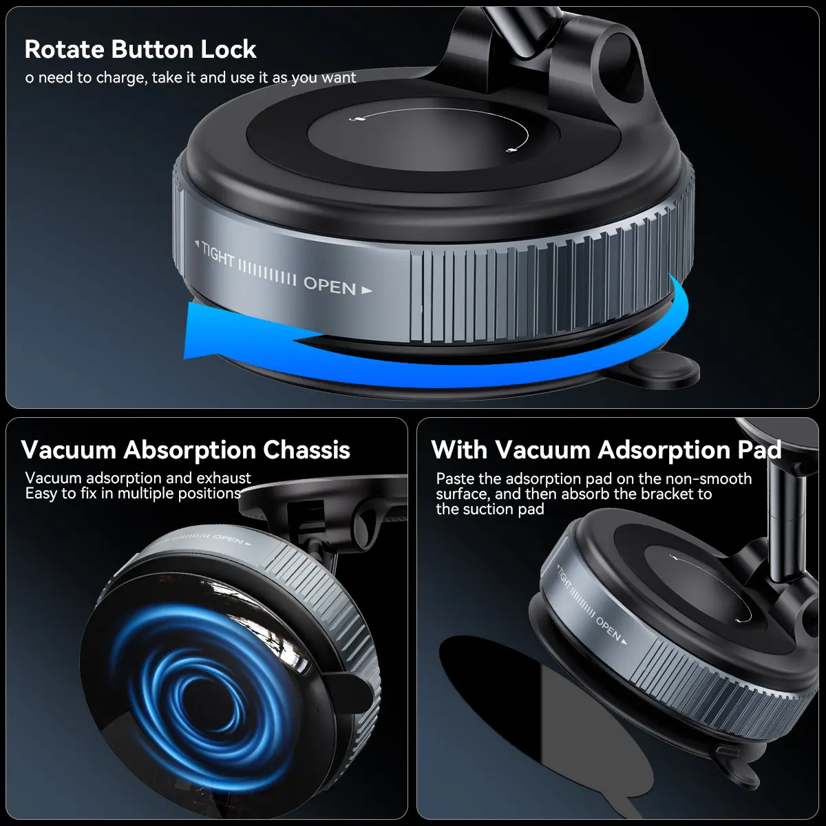 ✨Upgraded Magnetic Phone Holder,Unpowered Version 360° Rotatable Adjustable and Foldable Magnetic & Vacuum Adsorption Car Holder, No Noise for iPhone & Android-XLB