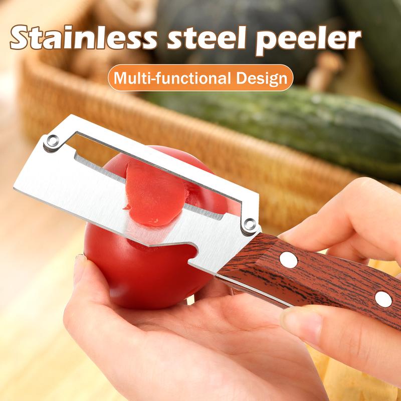 3PCS 2-in-1 Fruit & Veggie Peeler with Bottle Opener Sharp Stainless Steel Wooden Handle Ergonomic Non-slip Design for Comfortable Grip-JY