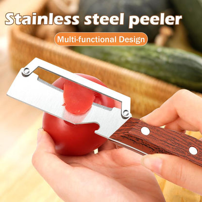 3PCS 2-in-1 Fruit & Veggie Peeler with Bottle Opener Sharp Stainless Steel Wooden Handle Ergonomic Non-slip Design for Comfortable Grip-JY