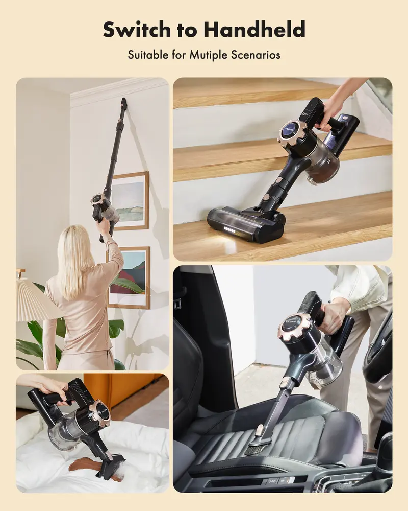 🧹 【 2026 newly upgraded】T350 cordless vacuum features an 8-in-1 lightweight design with up to 45 minutes of runtime and 33Kpa of powerful suction. This rechargeable cordless vacuum is ideal for carpets, tiles, pet hair, and hardwood floors.-XLB