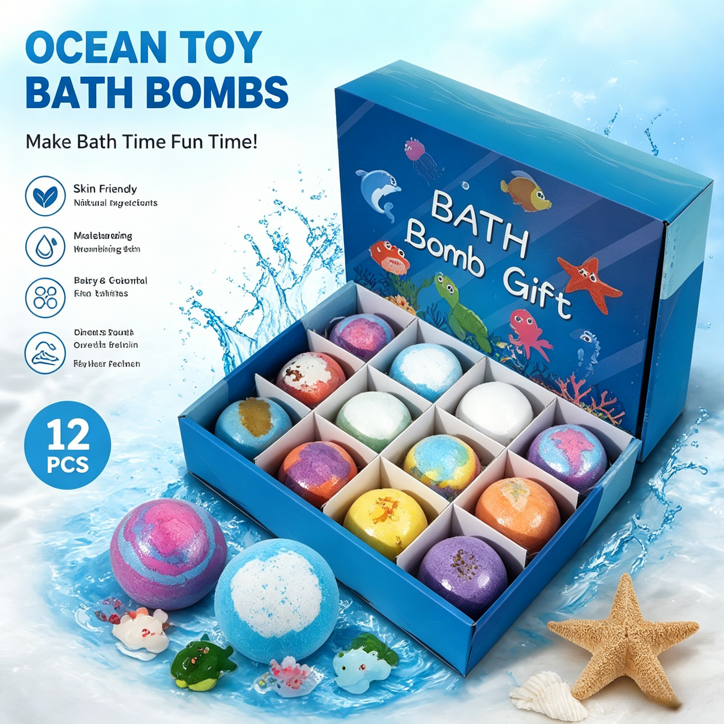 🌊 Kids Ocean Toy Bath Bombs with Surprise Toy Natural Bubble Bath Fizzy Balls for Children-JY