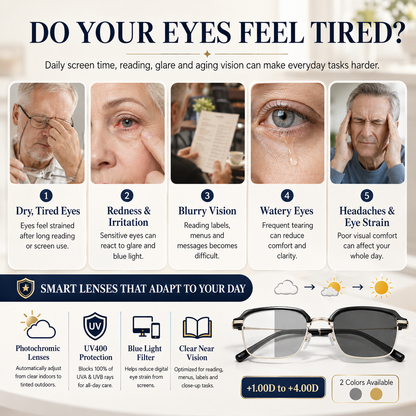 Stylish Photochromic Progressive Reading Glasses, Anti Blue Light Transition Readers, Optional Diopters & 2 Frame Colors for Seniors-III