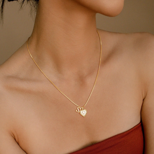 Gold Box Chain Scalloped Shell Heart CZ Initial Necklace A–Z Micro Pave Letter Pendant For Valentine's Day gifts-XLB